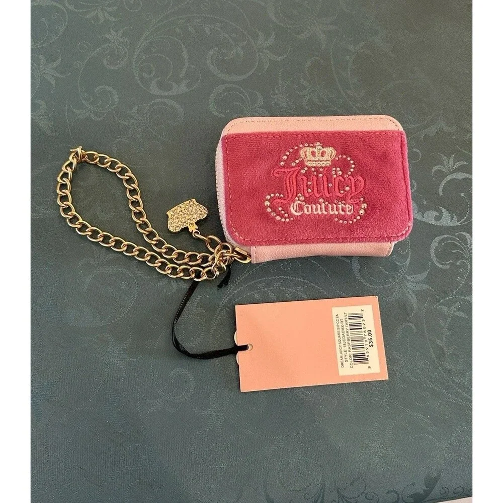 NWT Juicy Couture Kingdom Wristlet Zip Wallet Raspberry Tart Velour Rhinestone